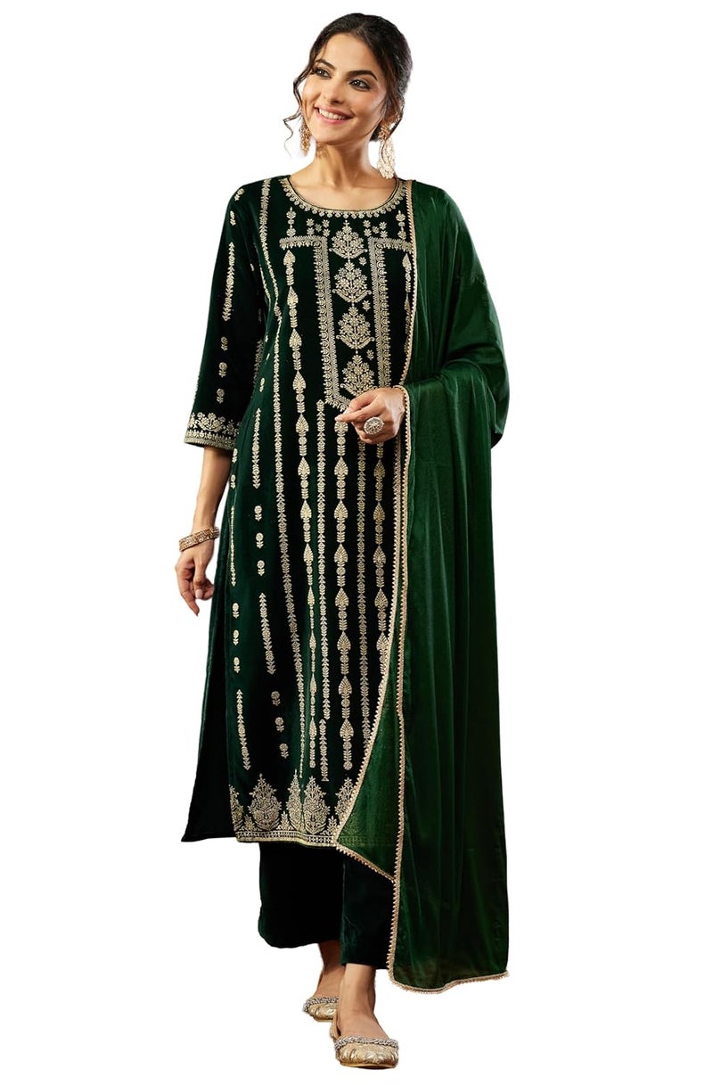 Janasya Women's Bottle Green Velvet Embellished Gold Printed Straight Kurta Set - Image 1